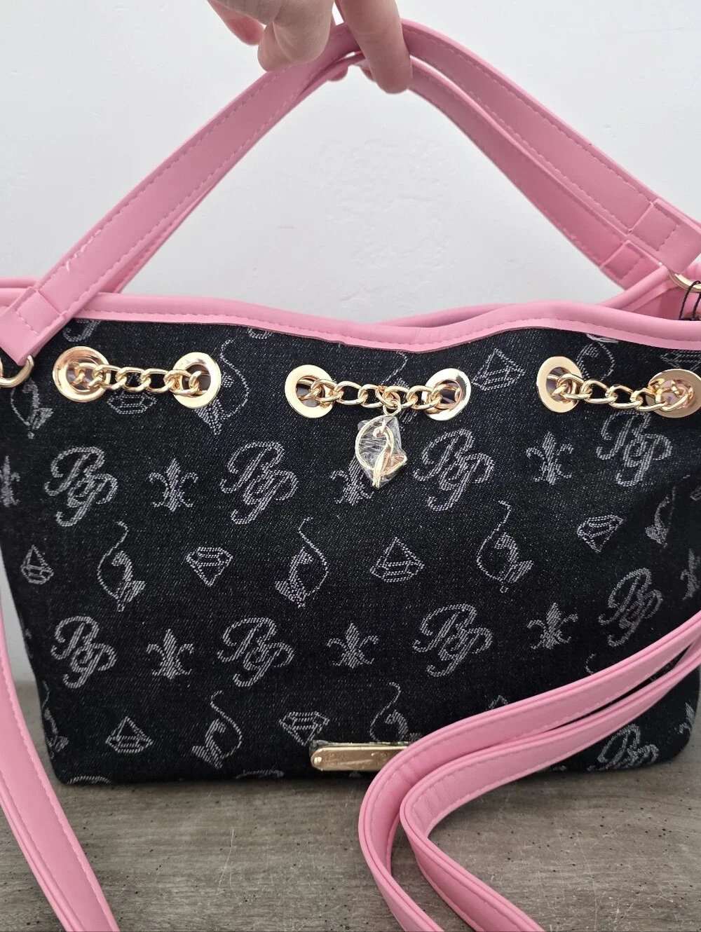 Baby Phat Black and Pink Denim Satchel Tote Bag with Charm New Viral
